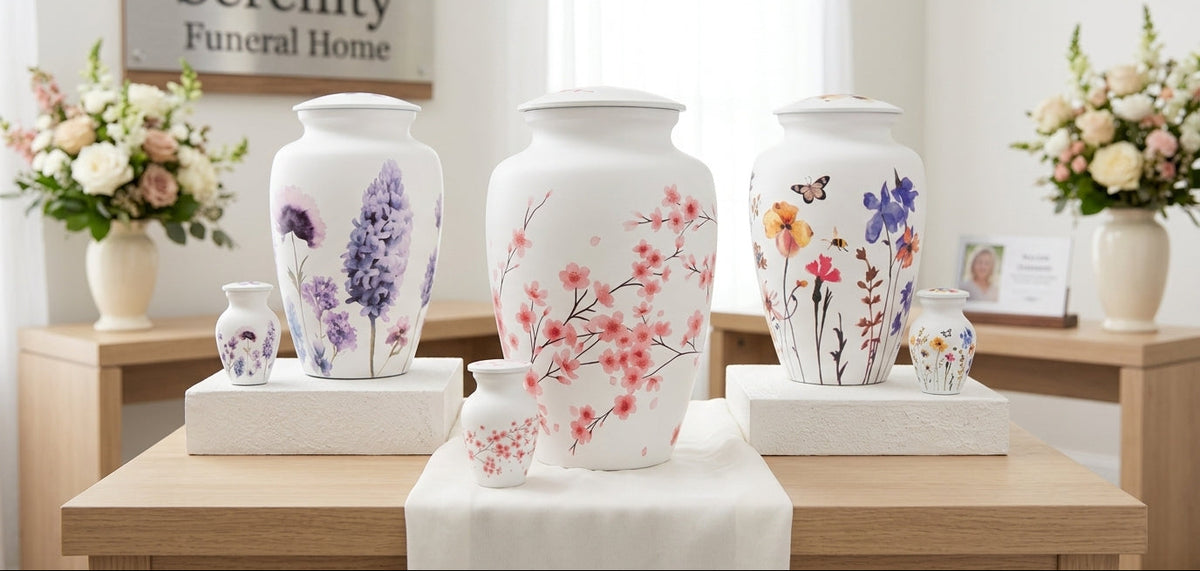 Three white ceramic cremation urns with floral designs are displayed on a wooden table in a bright, elegant funeral home setting. The center urn features pink cherry blossoms, while the side urns have purple and multicolor floral patterns.
